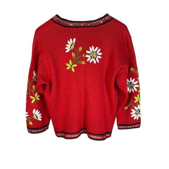 Design Options Red Daisy Floral Embroidered Cardigan Sweater L Cotton Cottage - Picture 7 of 10